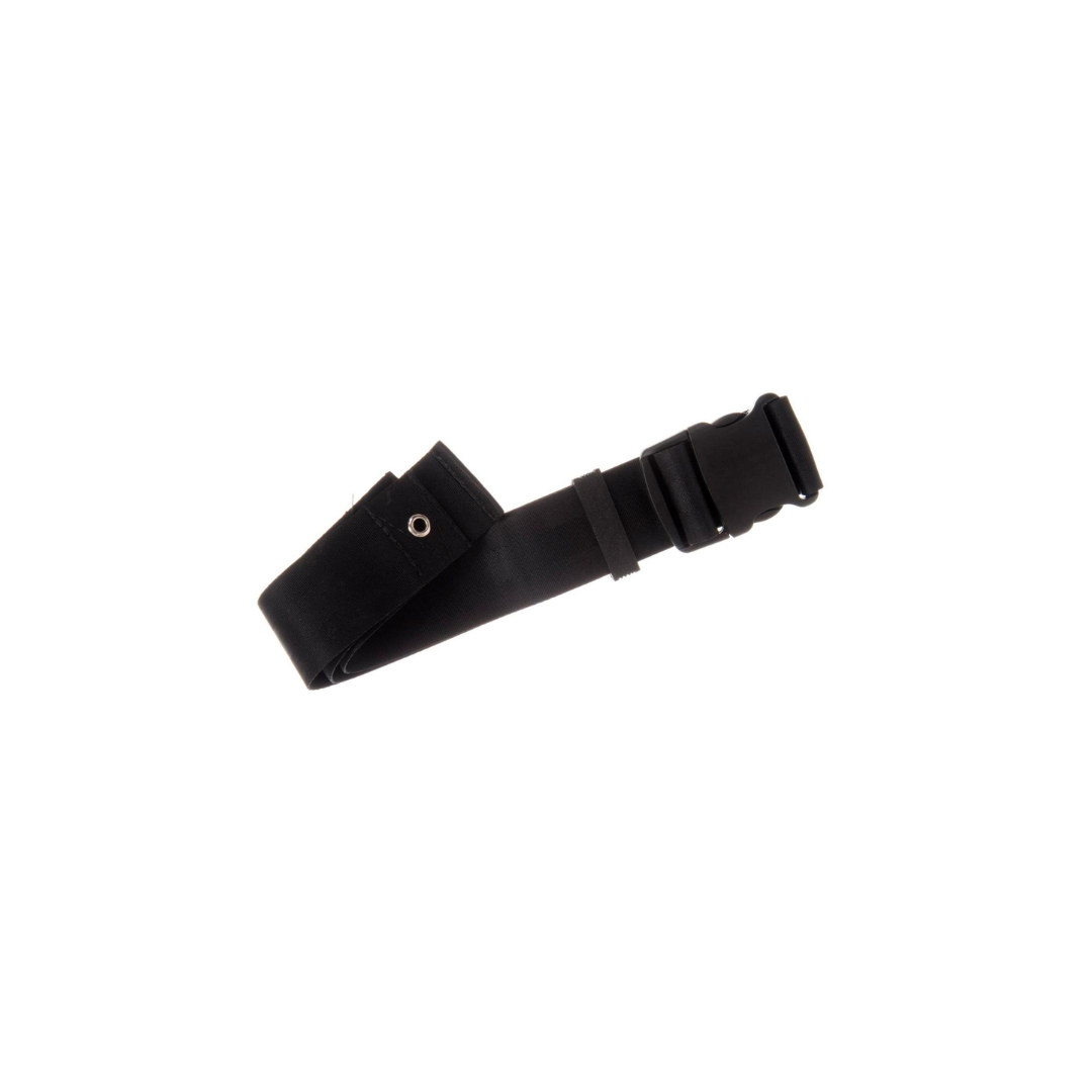 The Medline Safety Seat Belt for Wheelchairs, made of black nylon with a plastic buckle, is shown rolled up neatly on a white background.